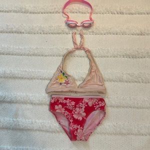 Aqua2dude antifog swim goggles pink embroidered floral swimsuit girls size 7 8 M